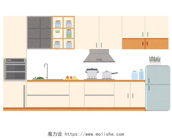 厨房元素厨房正面图家具冰箱洗水果扁平厨房PNG素材
